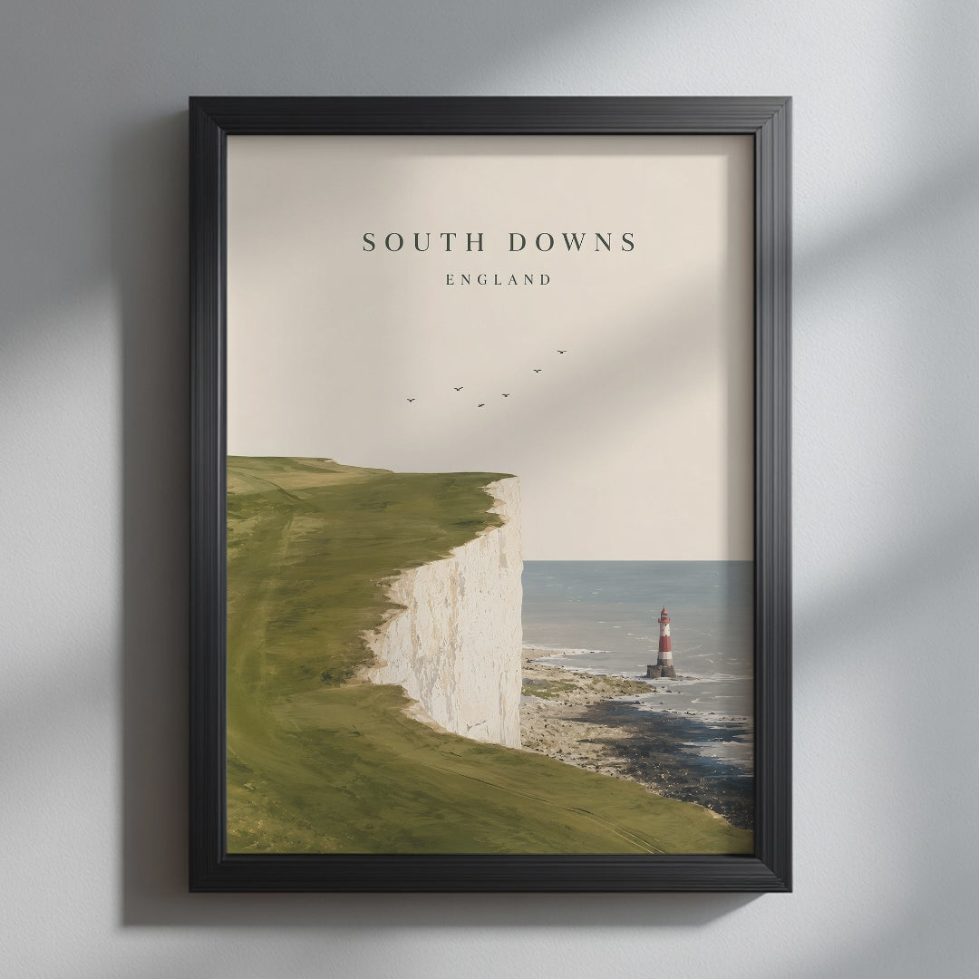 Video showcasing the available sizes for South Downs Chalk Cliffs Print. It begins with a close-up of the artwork displayed in a black frame, followed by each available print size