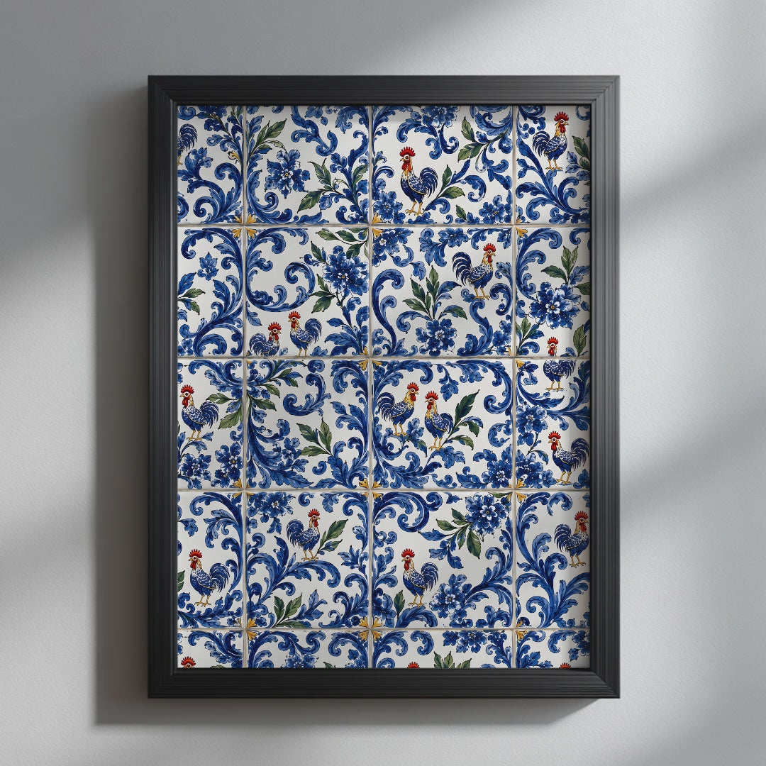 Video showcasing the available sizes for Blue Portuguese Rooster Azulejo Print. It begins with a close-up of the artwork displayed in a black frame, followed by each available print size