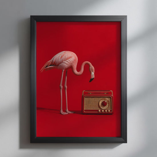 Video showcasing the available sizes for Pink Flamingo Vintage Radio Art Print. It begins with a close-up of the artwork displayed in a black frame, followed by each available print size