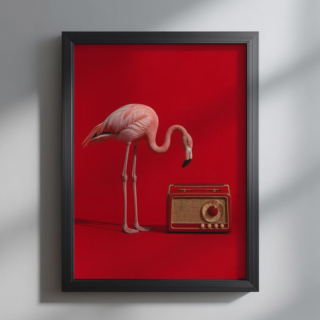 Video showcasing the available sizes for Pink Flamingo Vintage Radio Art Print. It begins with a close-up of the artwork displayed in a black frame, followed by each available print size