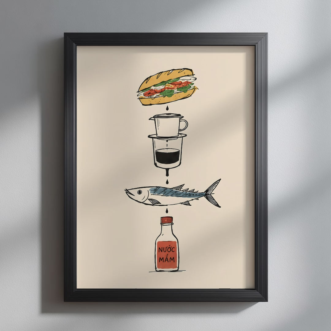 ideo showcasing the available sizes for Warm Neutral Vietnamese Kitchen Wall Artt. It begins with a close-up of the artwork displayed in a black frame, followed by each available print size