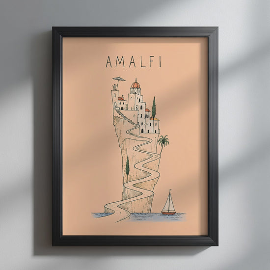 Video showcasing the available sizes for the Peach Amalfi Coast Line Art Print, beginning with a close-up of the artwork in a black frame before displaying each unframed print size.