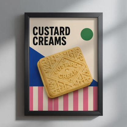 Video showcasing the available sizes for Retro British Kitchen Art in Pink and Blue. It begins with a close-up of the artwork displayed in a black frame, followed by each available print size