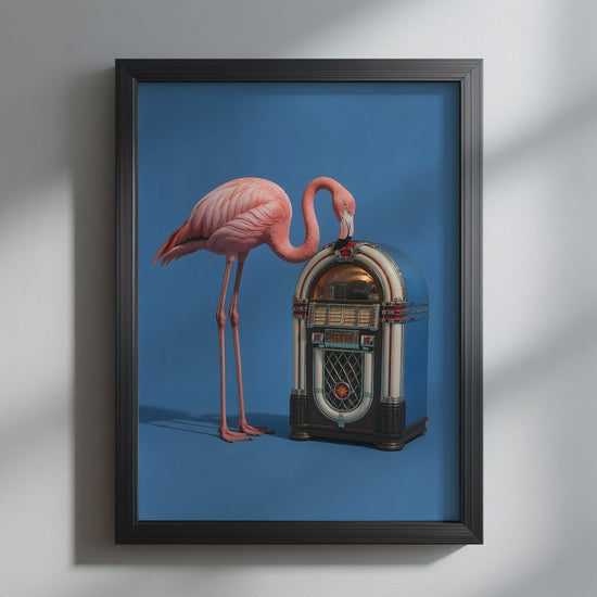 Video showcasing the available sizes for Pink Flamingo Jukebox Art Print. It begins with a close-up of the artwork displayed in a black frame, followed by each available print size