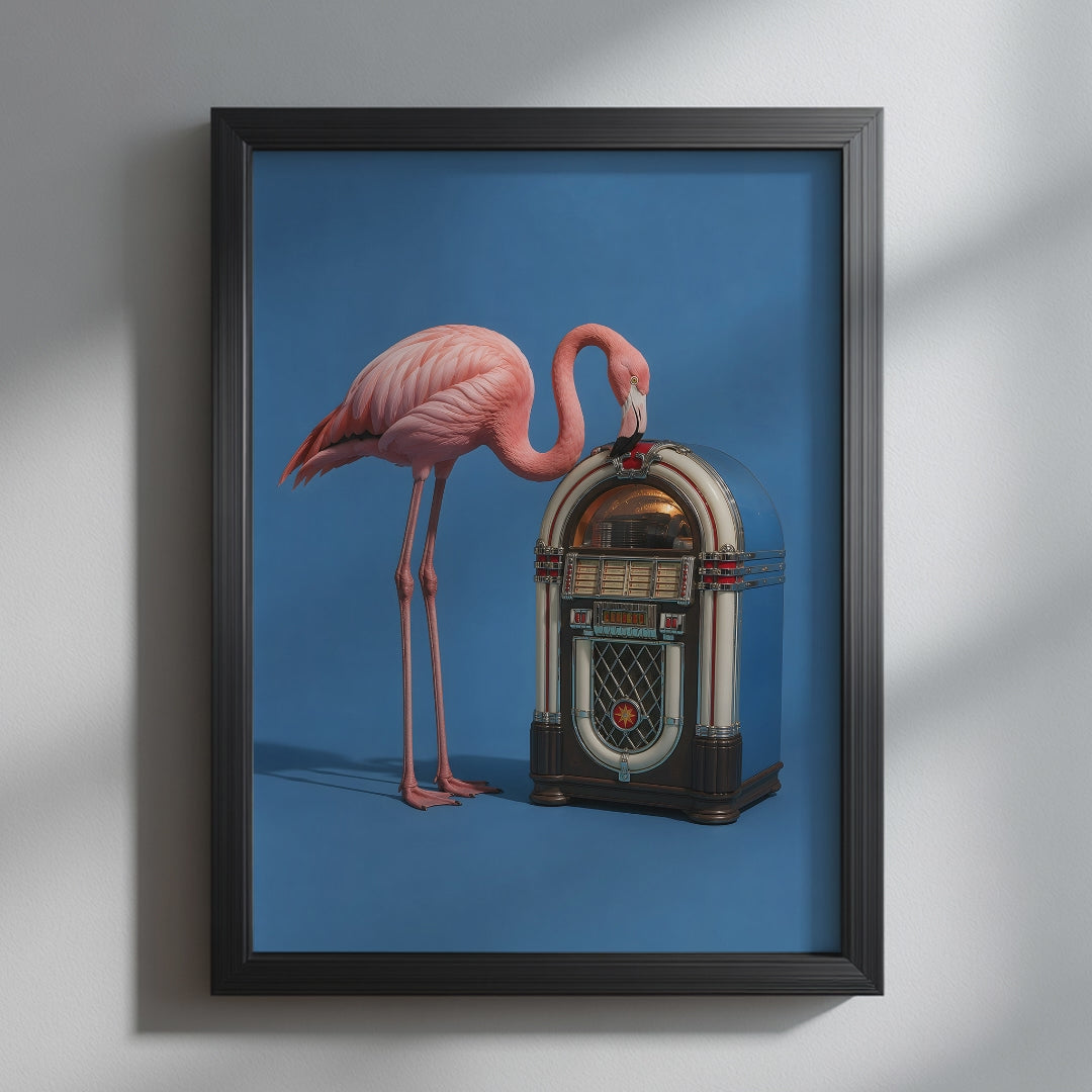Video showcasing the available sizes for Pink Flamingo Jukebox Art Print. It begins with a close-up of the artwork displayed in a black frame, followed by each available print size