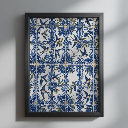 Video showcasing the available sizes for Blue Portuguese Andorinha Azulejo Print. It begins with a close-up of the artwork displayed in a black frame, followed by each available print size
