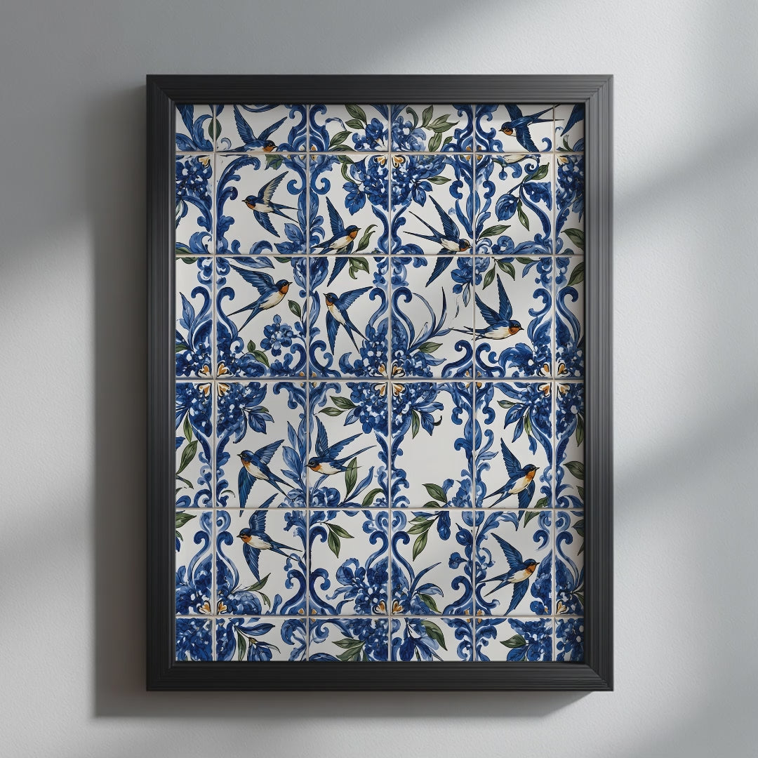 Video showcasing the available sizes for Blue Portuguese Andorinha Azulejo Print. It begins with a close-up of the artwork displayed in a black frame, followed by each available print size