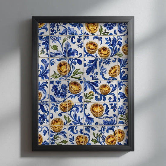 
Video showcasing the available sizes for Lisbon Pastel de Nata Azulejo Tile Print. It begins with a close-up of the artwork displayed in a black frame, followed by each available print size