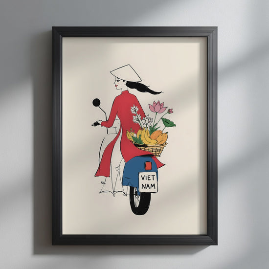 Video showcasing the available sizes for Vietnamese Woman on Motorbike Art Print. It begins with a close-up of the artwork displayed in a black frame, followed by each available print size