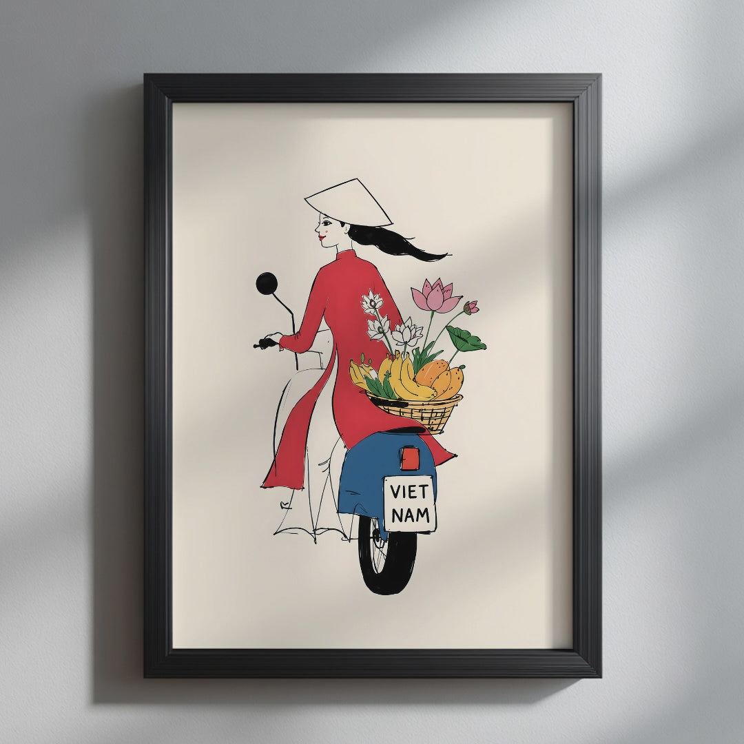 Video showcasing the available sizes for Vietnamese Woman on Motorbike Art Print. It begins with a close-up of the artwork displayed in a black frame, followed by each available print size