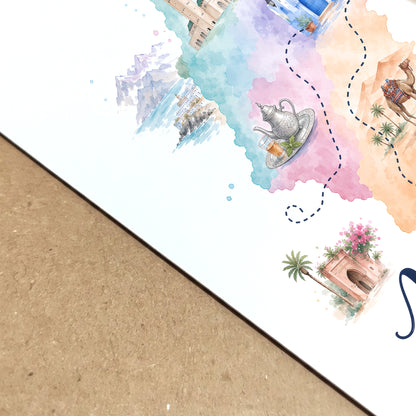 Morocco Watercolour Travel Map Poster