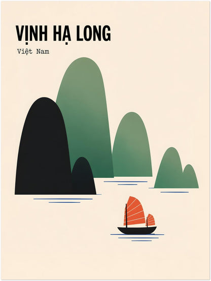 Unframed 12 x 16 inch Ha Long Bay wall art depicting the famous Vietnamese seascape through bold, simplified shapes. Black and green limestone islands rise above fine blue water lines while a red-sailed junk boat adds a strong focal point. The Vinh Ha Long title and muted palette give the print a retro travel poster feel.