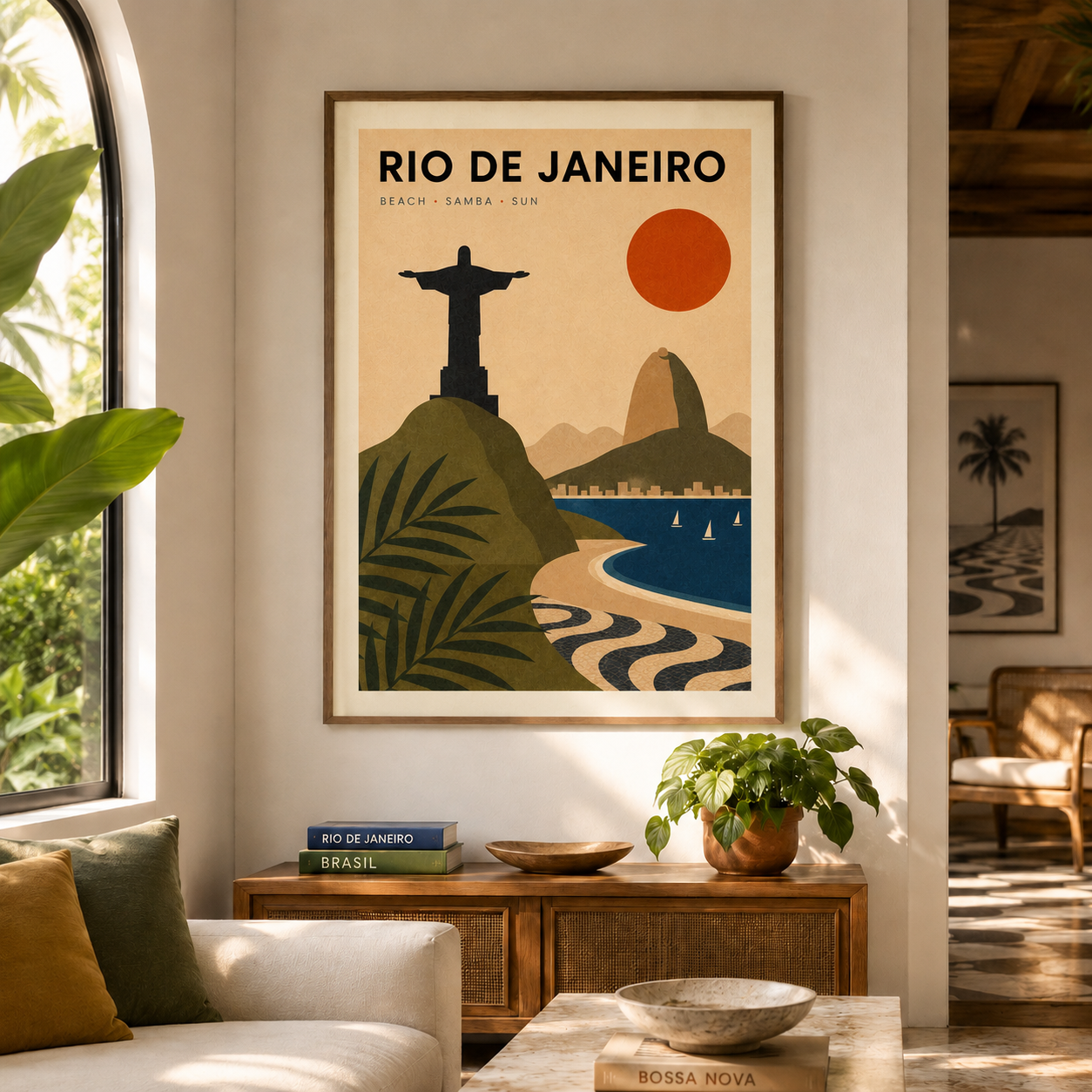 Framed Rio de Janeiro travel poster styled above a wooden sideboard in a warm, modern living room. The Brazil wall art shows Christ the Redeemer, Sugarloaf Mountain, Copacabana Beach and tropical leaves, surrounded by natural wood, plants and neutral home décor for a relaxed travel-inspired interior.