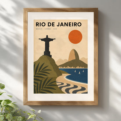 Rio de Janeiro travel poster displayed in a light wooden frame on a bright white wall with soft natural shadows. The retro Brazil wall art features Christ the Redeemer, Sugarloaf Mountain, Copacabana Beach, tropical leaves and the iconic wave pavement in warm orange, olive green and deep blue.