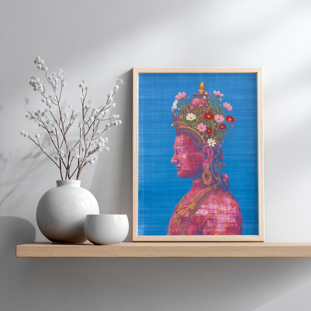 Pink Tara Buddhist art print displayed in a small wooden frame on a shelf, presenting a serene deity portrait with floral headdress, symbolic Buddhist styling and vibrant pink tones suited to intimate spiritual decor spaces.