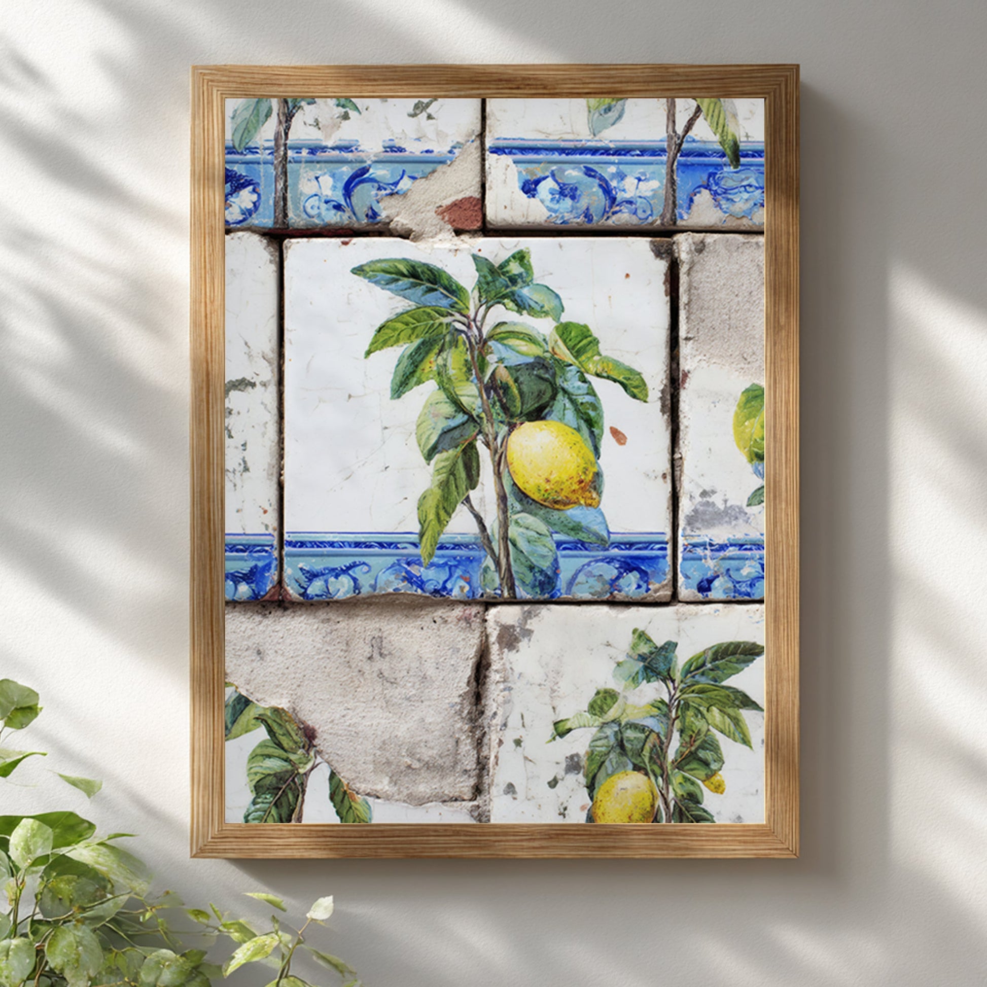 Small wooden-framed Portuguese lemon azulejo print displayed on a shelf against a pale grey wall beside a white ceramic vase with delicate branches.