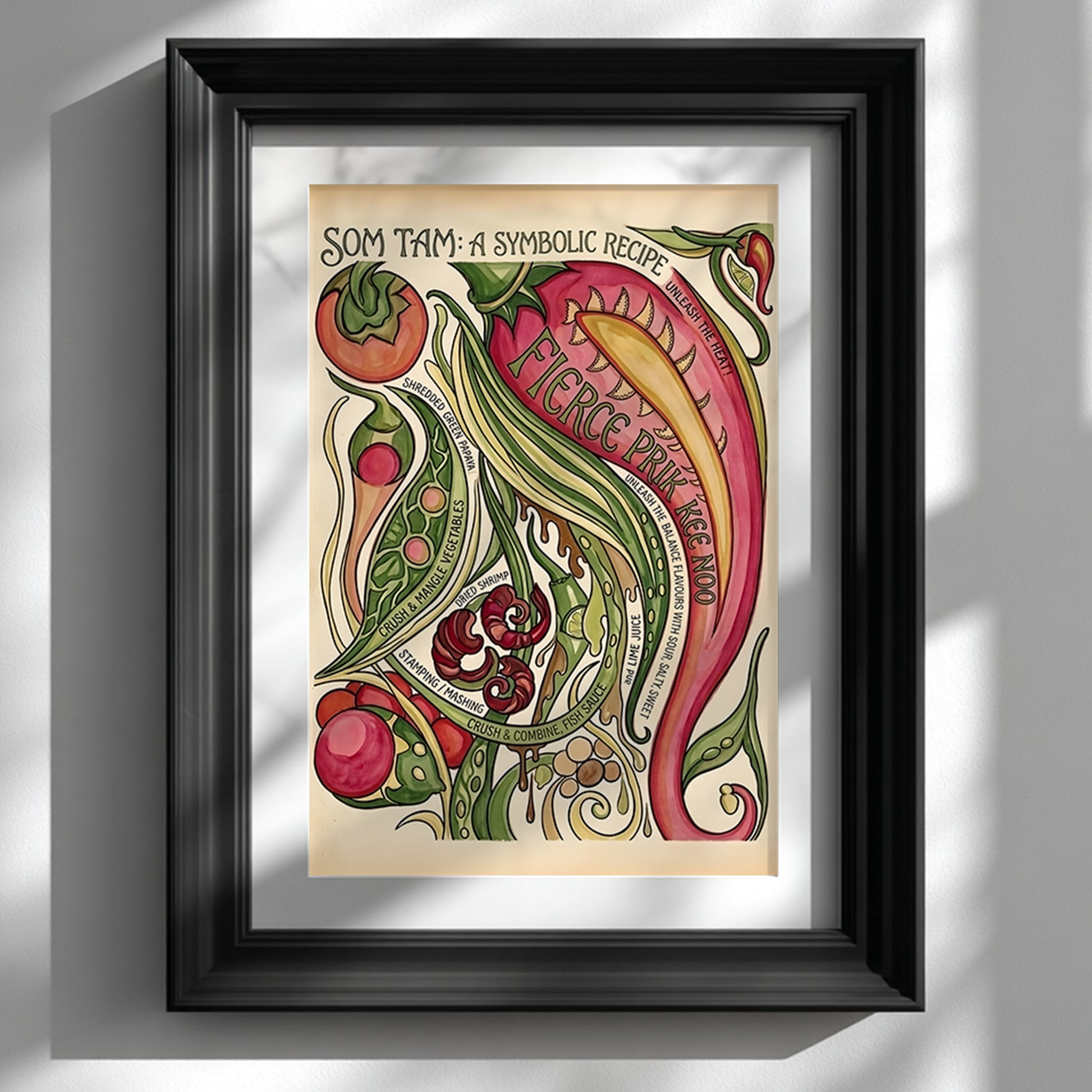 Framed Som Tam Recipe Print shown in a black frame against a clean white wall. The artwork features a hand-painted Thai food design with red chilli, green papaya strips, tomato, lime, dried shrimp and flowing recipe text. Styled as Thai kitchen wall art and food poster decor, this mockup shows how the colourful papaya salad print looks as ready-framed wall art in a simple modern interior.