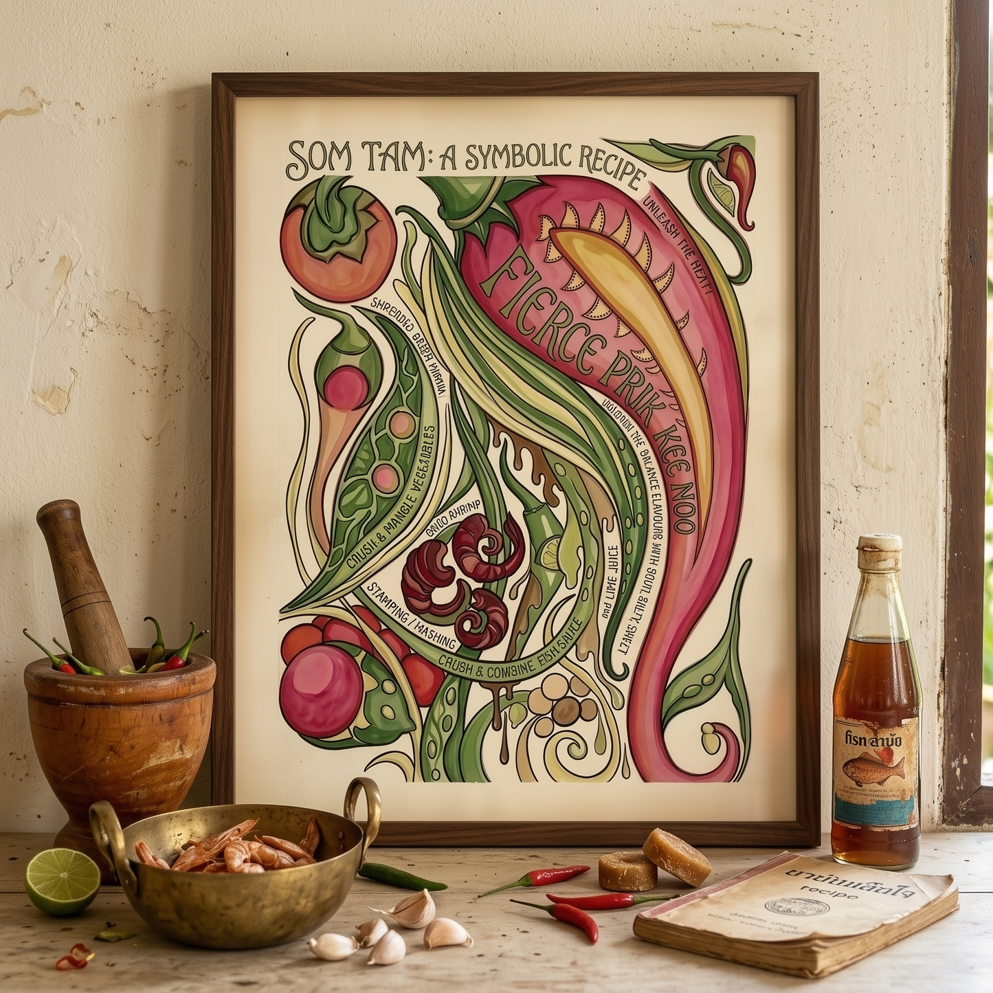 Main lifestyle mockup of the Som Tam Recipe Print framed and placed on a kitchen shelf with bottles, bowls and simple food styling around it. The setting gives context for how the Thai food poster looks in a real cooking space. The hand-painted artwork shows chilli, papaya, tomato, lime and recipe lettering, making it a strong choice for Thai kitchen decor, recipe wall art or restaurant-inspired interiors.