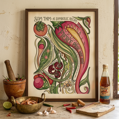 Main lifestyle mockup of the Som Tam Recipe Print framed and placed on a kitchen shelf with bottles, bowls and simple food styling around it. The setting gives context for how the Thai food poster looks in a real cooking space. The hand-painted artwork shows chilli, papaya, tomato, lime and recipe lettering, making it a strong choice for Thai kitchen decor, recipe wall art or restaurant-inspired interiors.