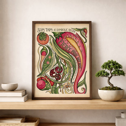 Som Tam Recipe Print displayed in a light wood frame on a shelf beside a small bonsai plant. The setting gives the Thai food wall art a calm, styled home look while keeping focus on the colourful hand-painted design. Red chilli, green papaya, tomato and recipe lettering stand out clearly, showing how this papaya salad poster works as kitchen wall art, shelf decor or dining room art.