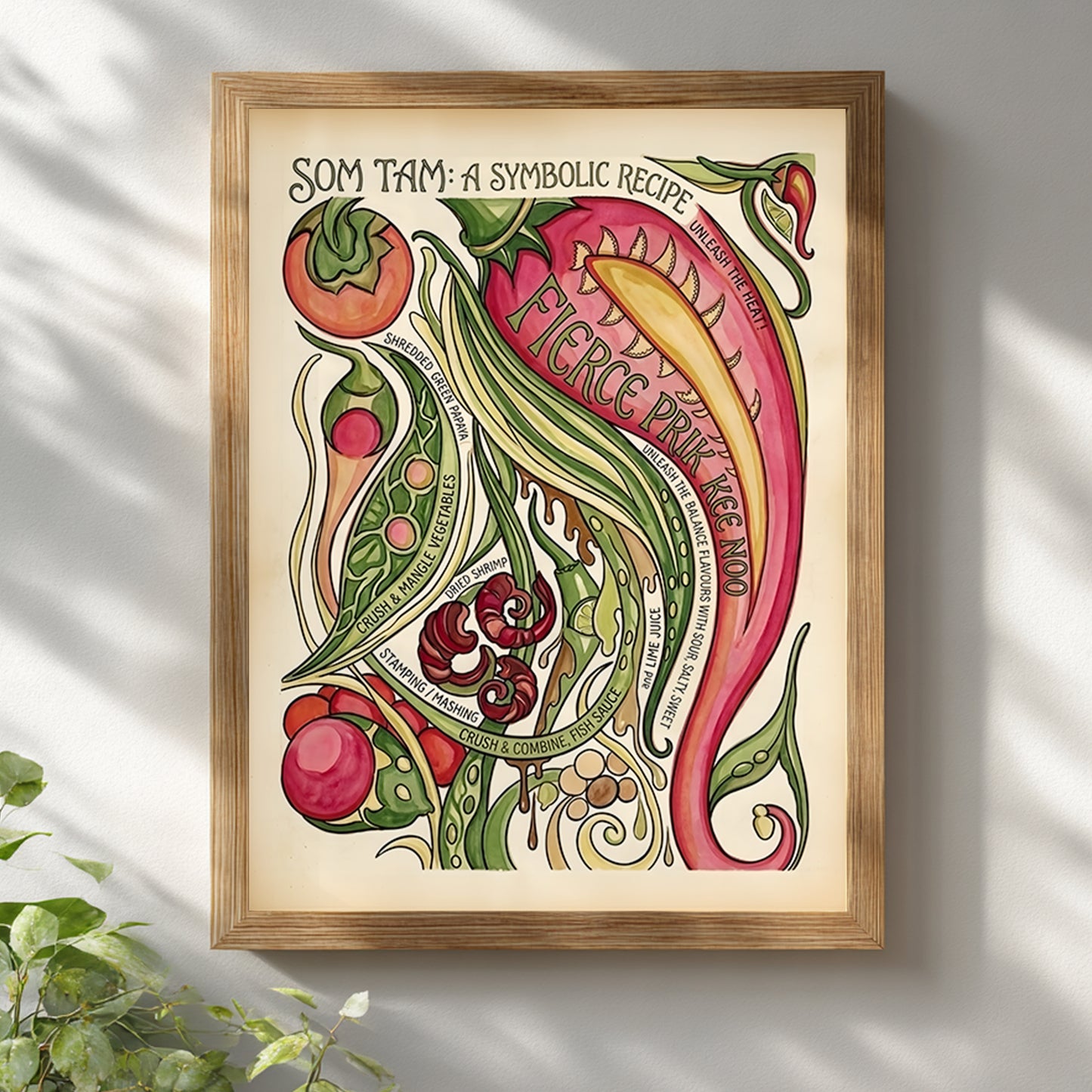 Som Tam Recipe Print shown in a wooden frame on a white wall with soft natural shadows across the surface. The warm frame gives the Thai food wall art a simple home-ready look while keeping the colourful hand-painted ingredients clear and bright. Red chilli, shredded papaya and recipe text stand out well, making the image useful for showing how this papaya salad print fits modern kitchen or dining room decor.
