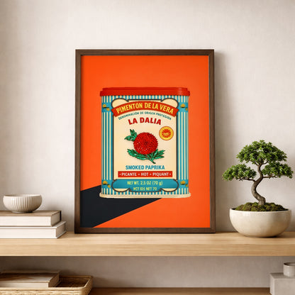 Framed Spanish Smoked Paprika Tin artwork displayed on a shelf beside a small bonsai plant in a clean modern interior. The orange background, blue striped border, cream label and red flower give the piece a graphic retro food look while the simple shelf styling shows how it works in everyday spaces. Good for Spanish wall art, kitchen shelf decor, food packaging art and colourful home styling ideas.