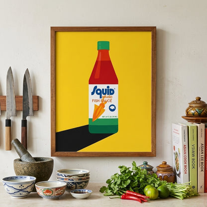 Framed Squid Fish Sauce pop art poster displayed in a kitchen interior beside utensils, vegetables and cookbooks. The artwork shows a stylised Thai fish sauce bottle on a bright yellow background, bringing strong colour and a playful graphic feel to the space. This kitchen wall art mockup highlights the print as modern food decor, Thai pantry art and a bold pop art poster for cooking spaces and contemporary homes.