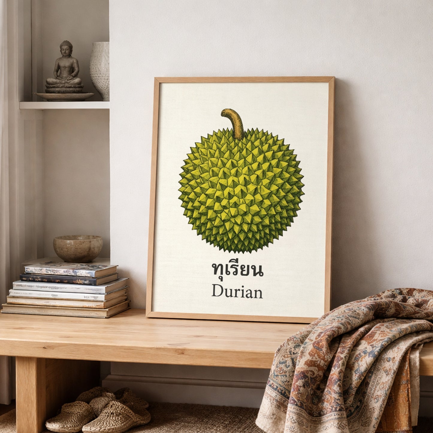 Framed durian wall art placed on a wooden shelf in a relaxed room with books, textiles and patterned rugs. The print shows a detailed green durian fruit above Thai text and the English word “Durian” on a cream background. The setting gives the artwork a collected look and shows how it fits into pantry decor, dining spaces, cultural interiors and tropical fruit gallery walls.