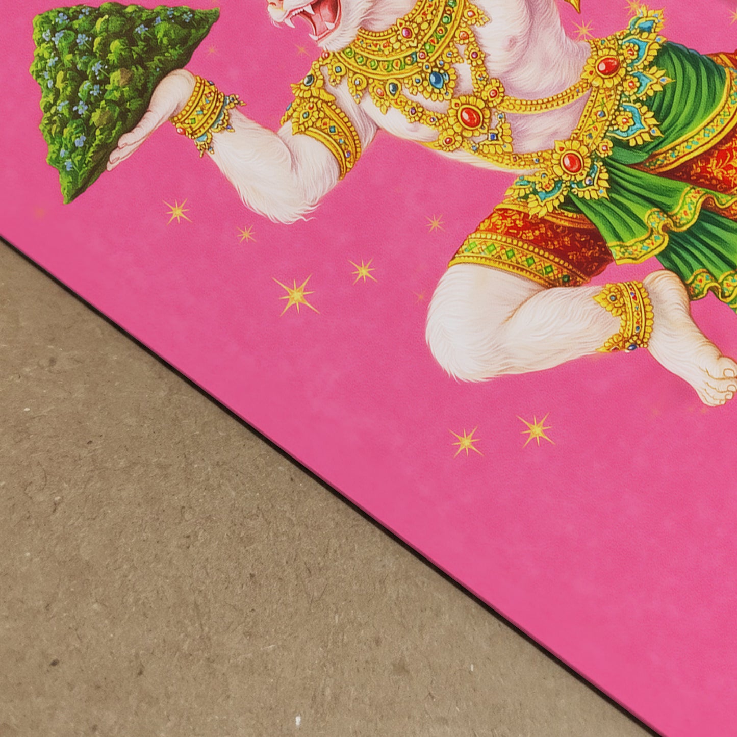 Close-up detail of the Thai Hanuman Ramakien art print showing the vibrant pink background and crisp illustration edges. The Hindu monkey god’s ornate costume and gold embellishments are clearly visible, highlighting print quality and colour saturation. A high-resolution spiritual mythology poster with sharp detailing and premium finish.