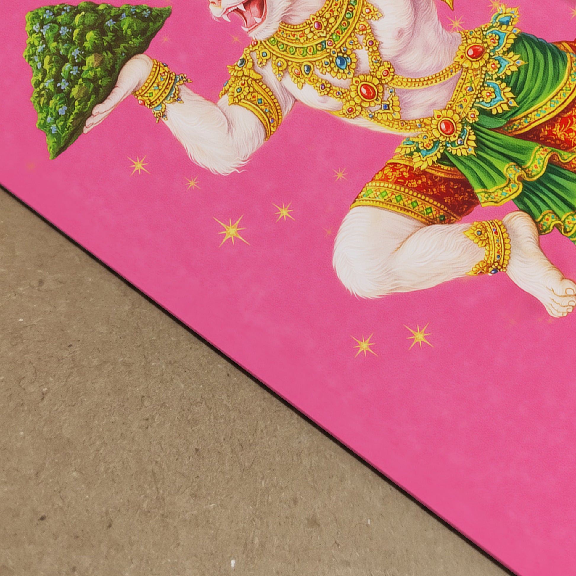 Close-up detail of the Thai Hanuman Ramakien art print showing the vibrant pink background and crisp illustration edges. The Hindu monkey god’s ornate costume and gold embellishments are clearly visible, highlighting print quality and colour saturation. A high-resolution spiritual mythology poster with sharp detailing and premium finish.