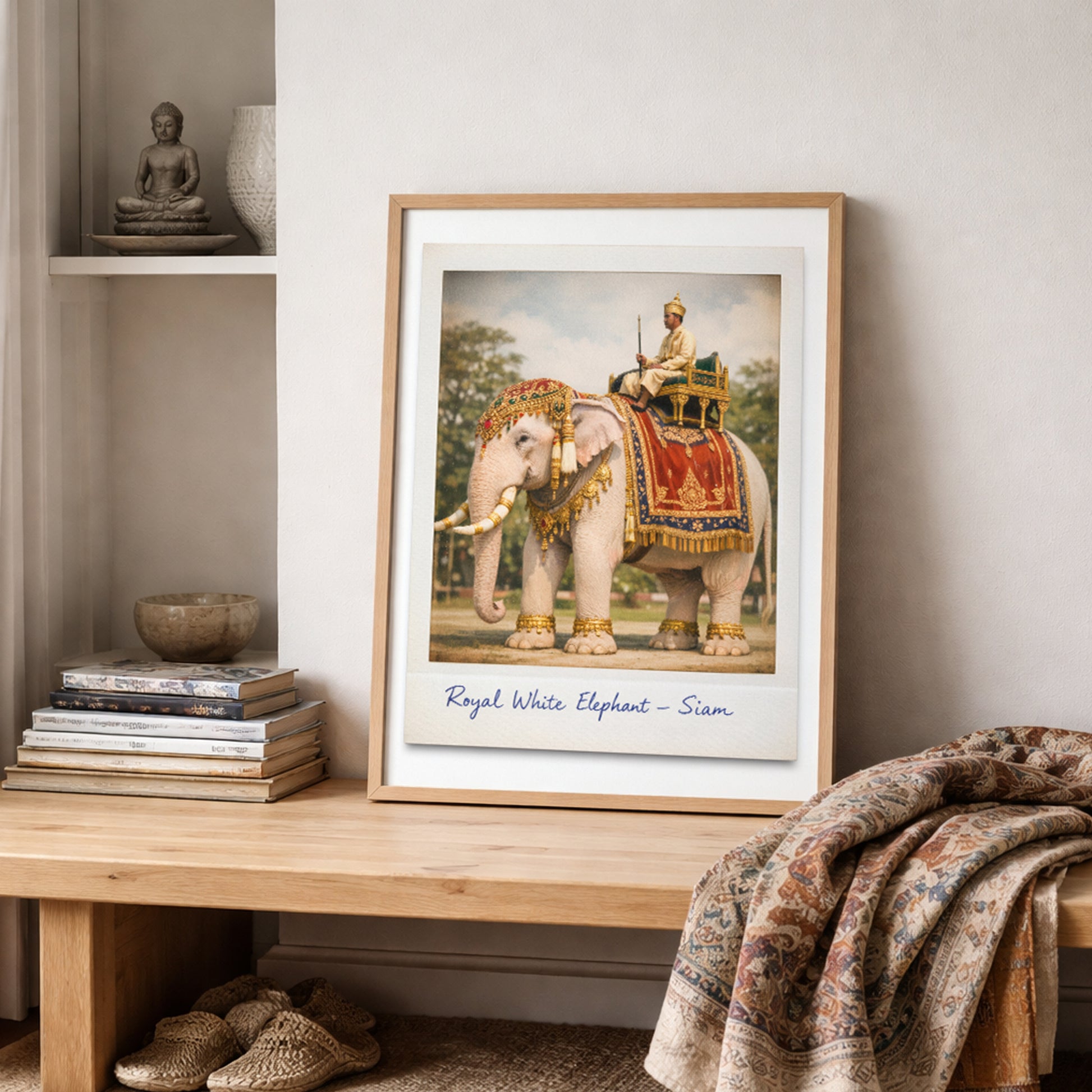 Framed Thai royal white elephant poster styled on a wooden shelf with folded textiles and neutral decor. The artwork features a white elephant in red and gold ceremonial cloth with gold ornaments and a Thai royal figure seated above. The Polaroid design and handwritten caption give it a vintage Thailand heritage look.