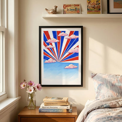 Thai Sky Sunburst Thailand wall art displayed in a bright bedroom interior. Framed travel poster with red, white and blue rays and soft pink clouds above a blue horizon. Styled above a bed to add colour and energy. Modern Southeast Asia travel decor for contemporary home interiors.