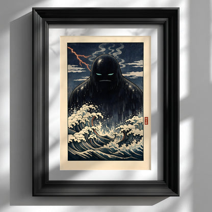 Framed Japanese yōkai wall art print featuring a dark Umibōzu sea spirit rising from stylised ocean waves, displayed in a black frame against a white wall. The artwork shows dramatic navy tones, foaming cream waves and a stormy night sky inspired by traditional Japanese woodblock aesthetics. A bold folklore statement piece for modern interiors and cultural art collections.