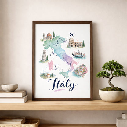 Wood-framed Italy map poster resting on a pale shelf beside stacked books and a small bonsai-style plant. The colourful watercolour artwork features the shape of Italy, dotted travel routes, a flying aeroplane and illustrated cultural landmarks, creating cheerful Italian travel wall art for a living room, study, hallway or reading corner.