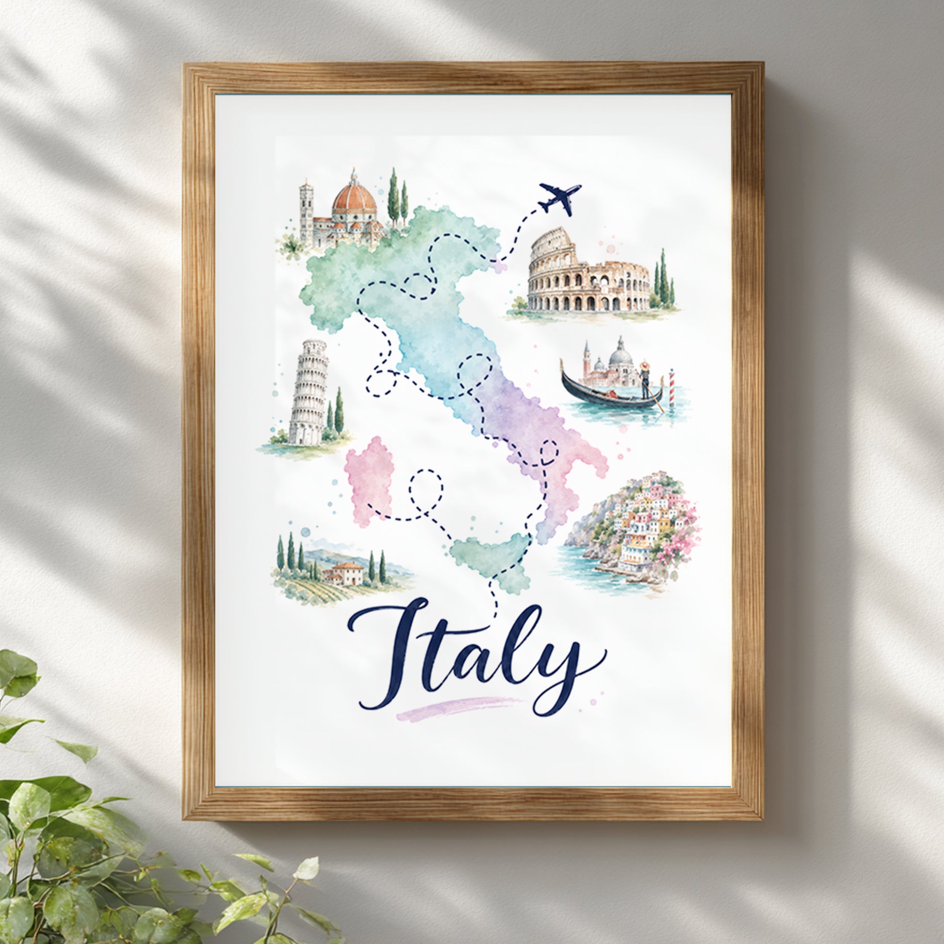 Italy watercolour map poster displayed in a light wooden frame on a clean white wall, with soft window shadows and blurred green leaves in the foreground. The artwork combines pastel map colours, dotted travel routes, a small aeroplane, Italian landmarks and bold Italy lettering for bright Mediterranean-inspired wall decor.