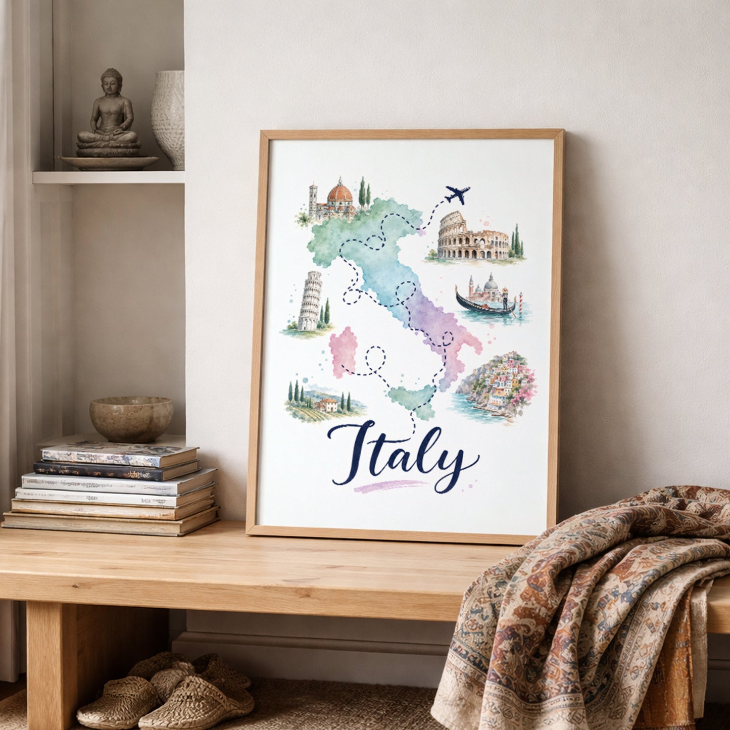 Wood-framed Italy map print styled on a shelf in a warm neutral interior with stacked books, natural textures and a folded patterned throw. The pastel artwork shows Italy in soft green, pink, blue and purple, surrounded by illustrated landmarks, dotted routes and a small aeroplane for relaxed Mediterranean travel decor.