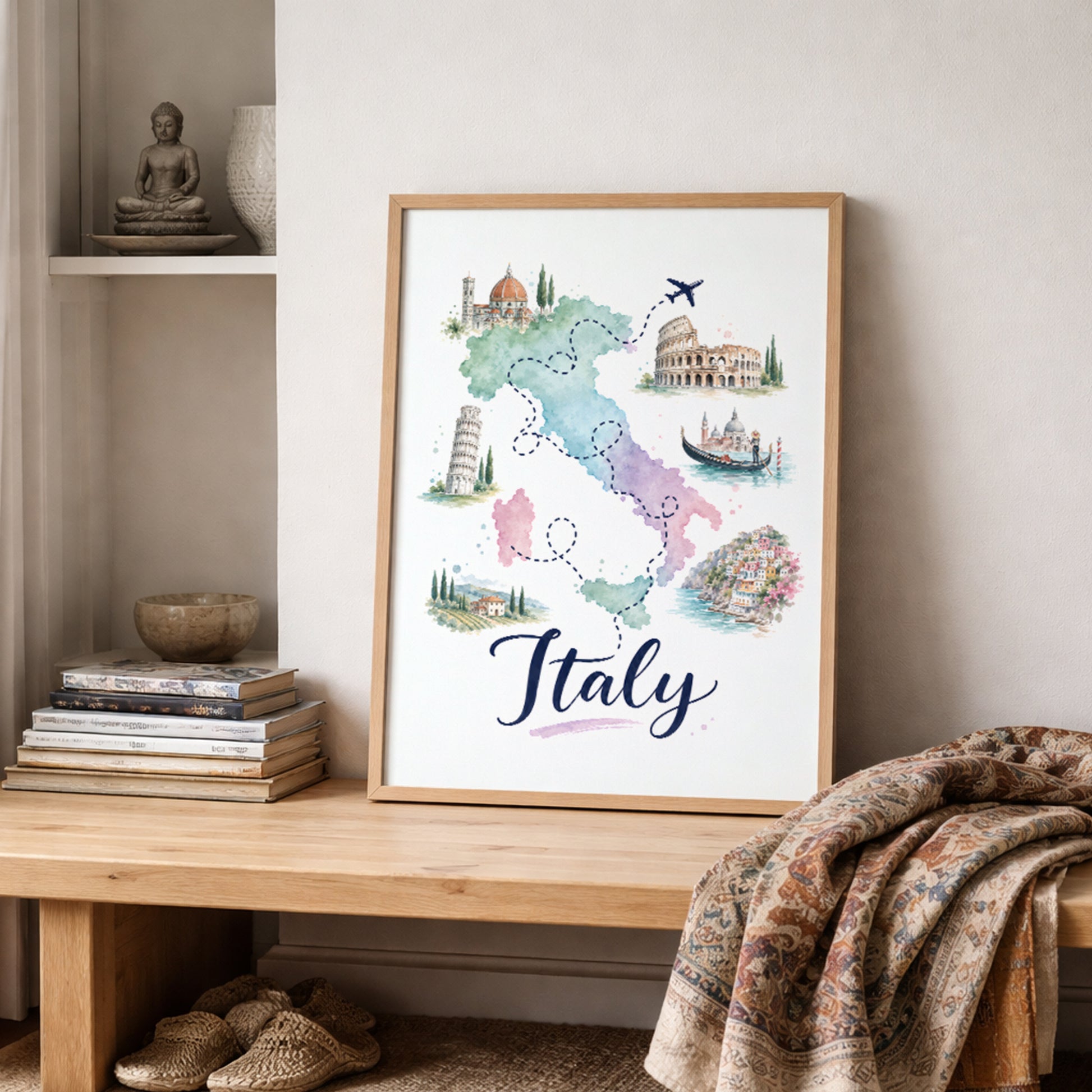 Wood-framed Italy map print styled on a shelf in a warm neutral interior with stacked books, natural textures and a folded patterned throw. The pastel artwork shows Italy in soft green, pink, blue and purple, surrounded by illustrated landmarks, dotted routes and a small aeroplane for relaxed Mediterranean travel decor.
