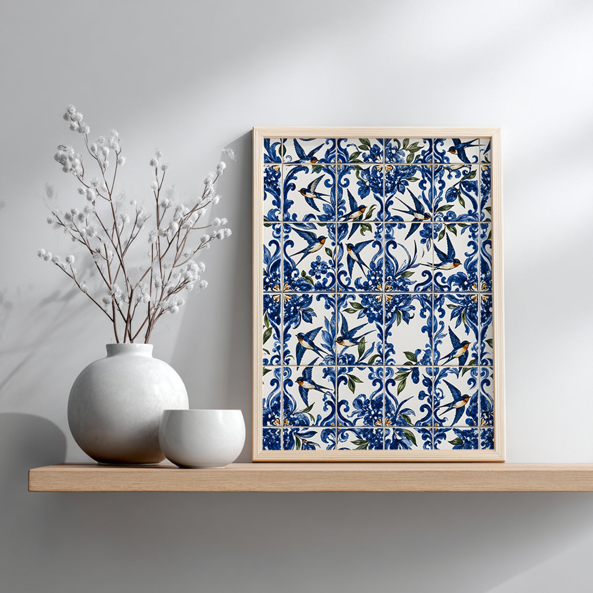 Portuguese swallow azulejo print in a small wooden frame resting on a shelf against a grey wall, beside simple white ceramic vases and decorative branches.