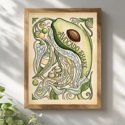 Wooden framed avocado shake poster hung on a white wall with soft natural shadows. The artwork includes a large sliced avocado, winding vines, lime slices and hand-drawn recipe text in muted green and cream colours. The warm wood frame gives the food poster a natural look, making it suitable for kitchen wall art, botanical decor or fruit-themed gallery walls.