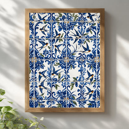 Portuguese swallow azulejo print displayed in a light wooden frame on a white wall, featuring blue and white tiled florals and flying andorinha birds.