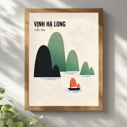 Vịnh Hạ Long Vietnam travel poster displayed in a natural wooden frame on a bright white wall. The cream artwork features layered dark navy, sage and green Ha Long Bay limestone islands with a small red sailboat, while soft daylight and nearby greenery create a fresh, relaxed wall art setting.
