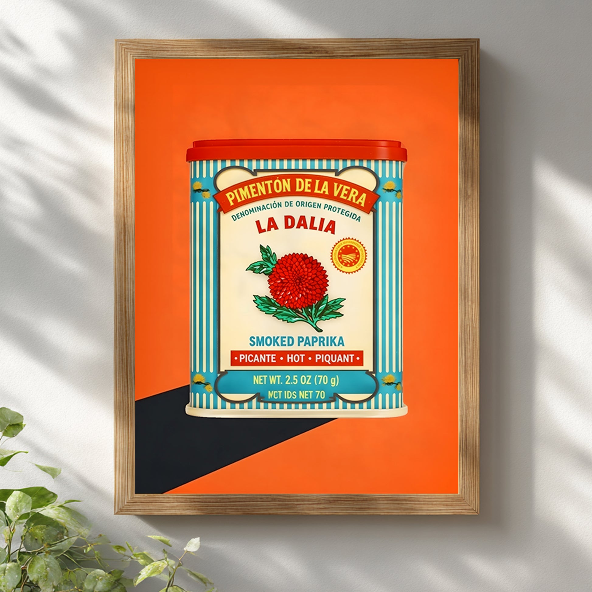Framed Spanish Smoked Paprika Tin wall art shown in a wooden frame on a white wall with soft natural shadows. The orange background and vintage spice tin design stand out clearly, with the red lid, cream label, blue stripes and red flower creating a bold retro look. A strong image for Spanish kitchen decor, Mediterranean food art, paprika print styling and colourful framed wall decor.