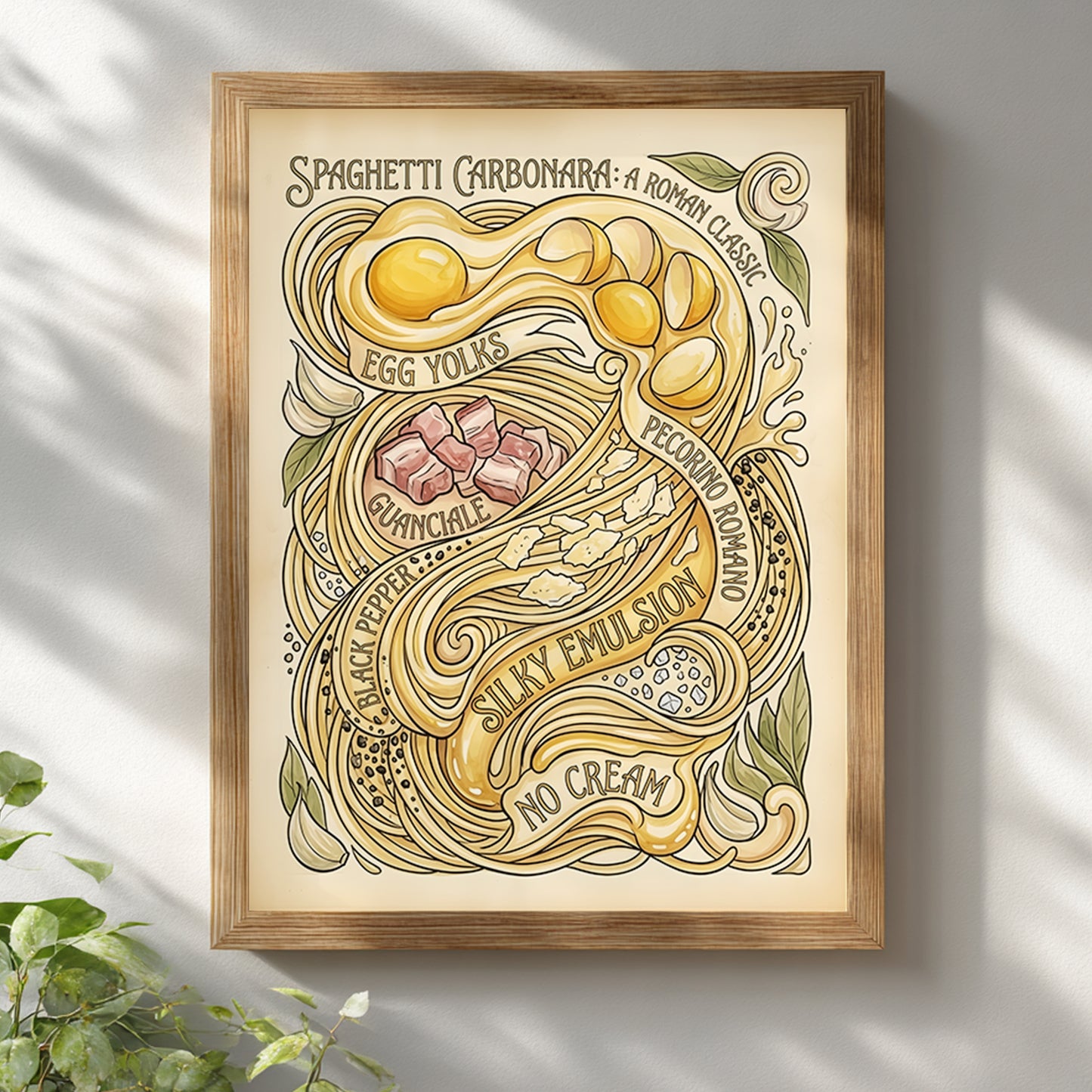 Wooden framed Spaghetti Carbonara Poster hanging on a white wall with soft natural light and subtle shadows. The light wood frame gives the vintage Italian food artwork a softer, more natural look, while the full poster remains clearly visible. Strong mockup image for pasta poster, spaghetti carbonara wall art, Italian kitchen wall art, retro food poster and neutral kitchen styling.