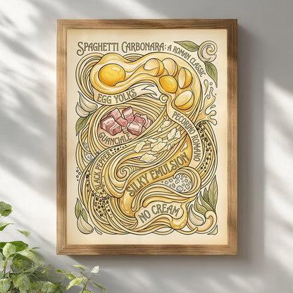 Wooden framed Spaghetti Carbonara Poster hanging on a white wall with soft natural light and subtle shadows. The light wood frame gives the vintage Italian food artwork a softer, more natural look, while the full poster remains clearly visible. Strong mockup image for pasta poster, spaghetti carbonara wall art, Italian kitchen wall art, retro food poster and neutral kitchen styling.