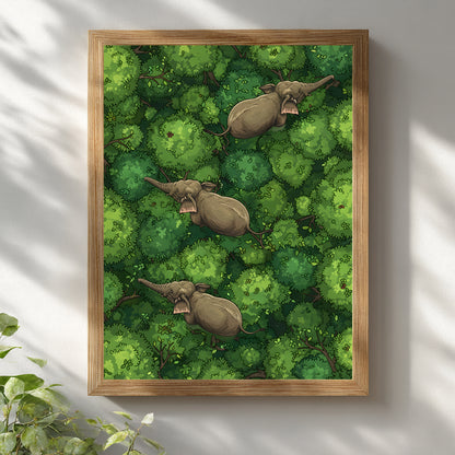 Wooden framed elephant wall art mockup displayed on a white wall with natural light and soft shadows. The artwork shows three elephants walking through dense green jungle canopy from an overhead view, combining rich leafy texture with earthy animal detail. A clean lifestyle image for jungle elephant art, wildlife wall decor, tropical forest print and green nature-inspired interiors.