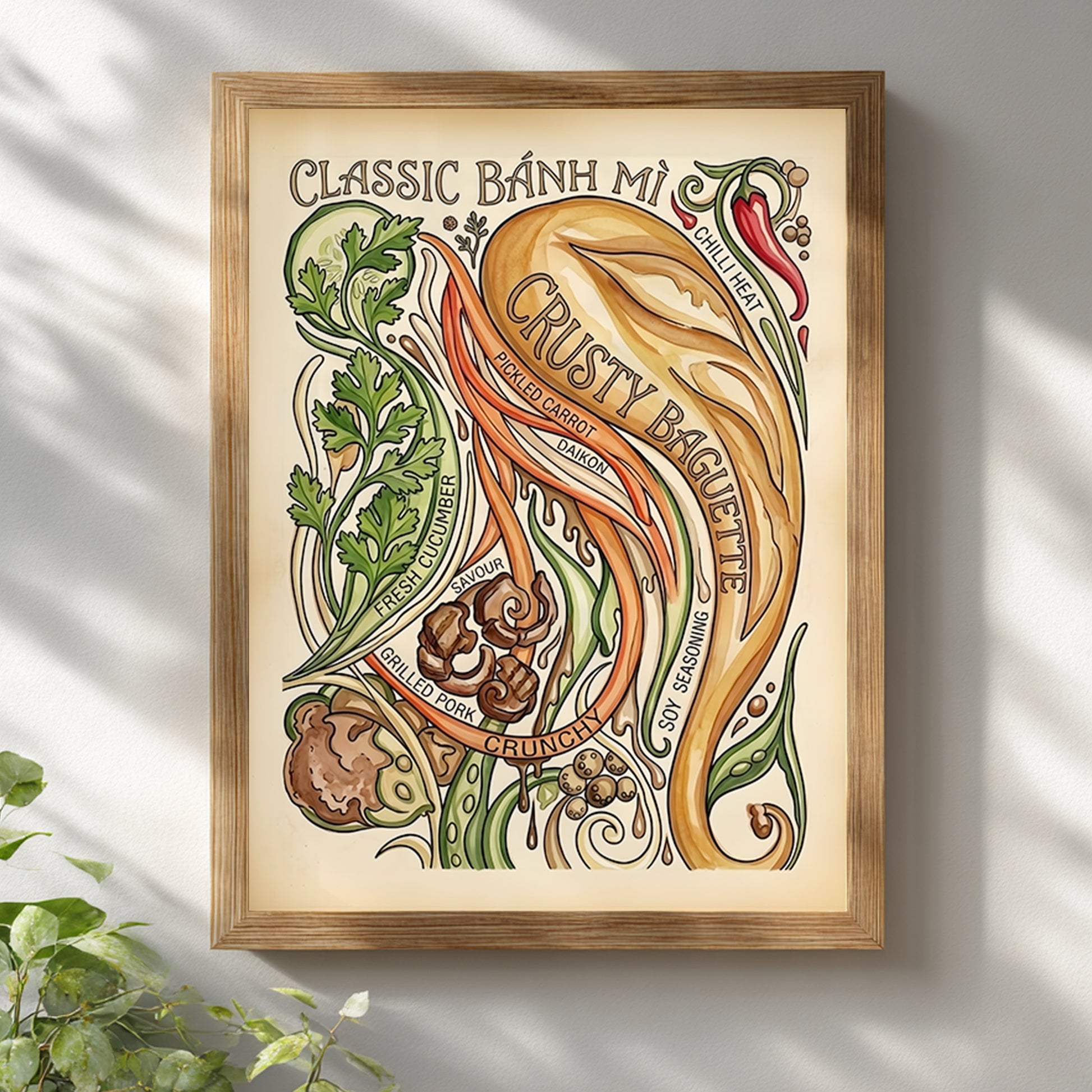 Wooden framed Banh Mi Poster hanging on a bright white wall with soft natural light. The vintage Vietnamese sandwich print features a crusty baguette, chilli, coriander, cucumber, pickled carrot, daikon and grilled pork, creating fresh kitchen wall art for dining rooms, cafés, restaurants and foodie interiors.